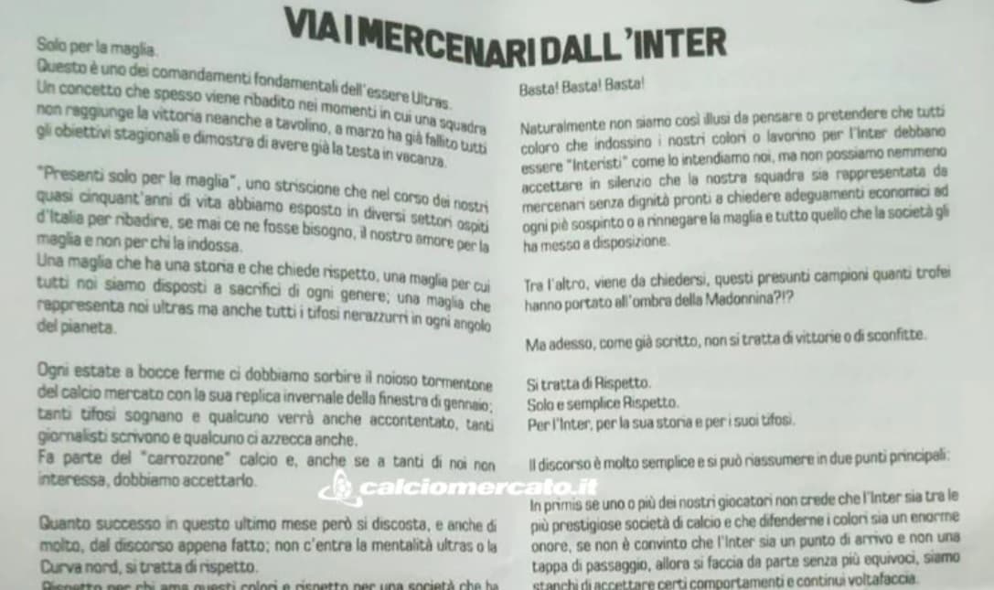 El panfleto repartido a las afueras del Giuseppe Meazza.