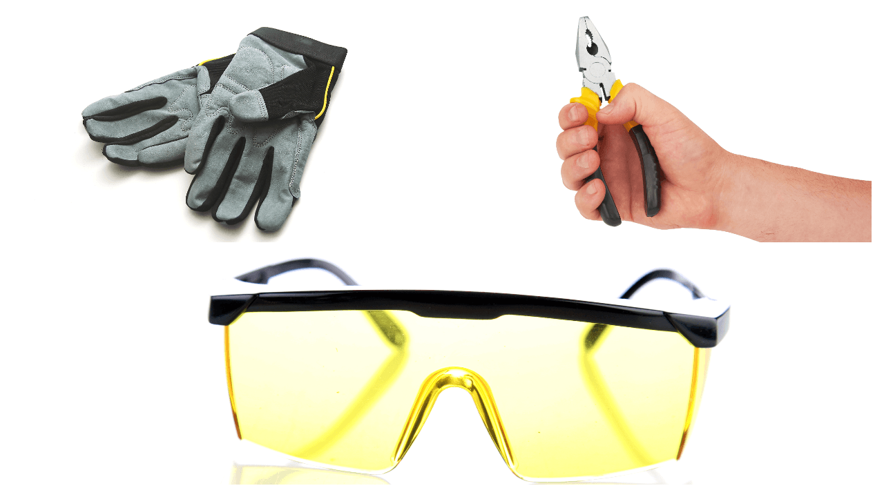 1. Ten a la mano lo siguiente: 
<b>guantes, lentes de seguridad, pinzas/alicate y agua caliente (casi hirviendo).</b> Quítate objetos metálicos como aretes, anillos, pulseras, etc.