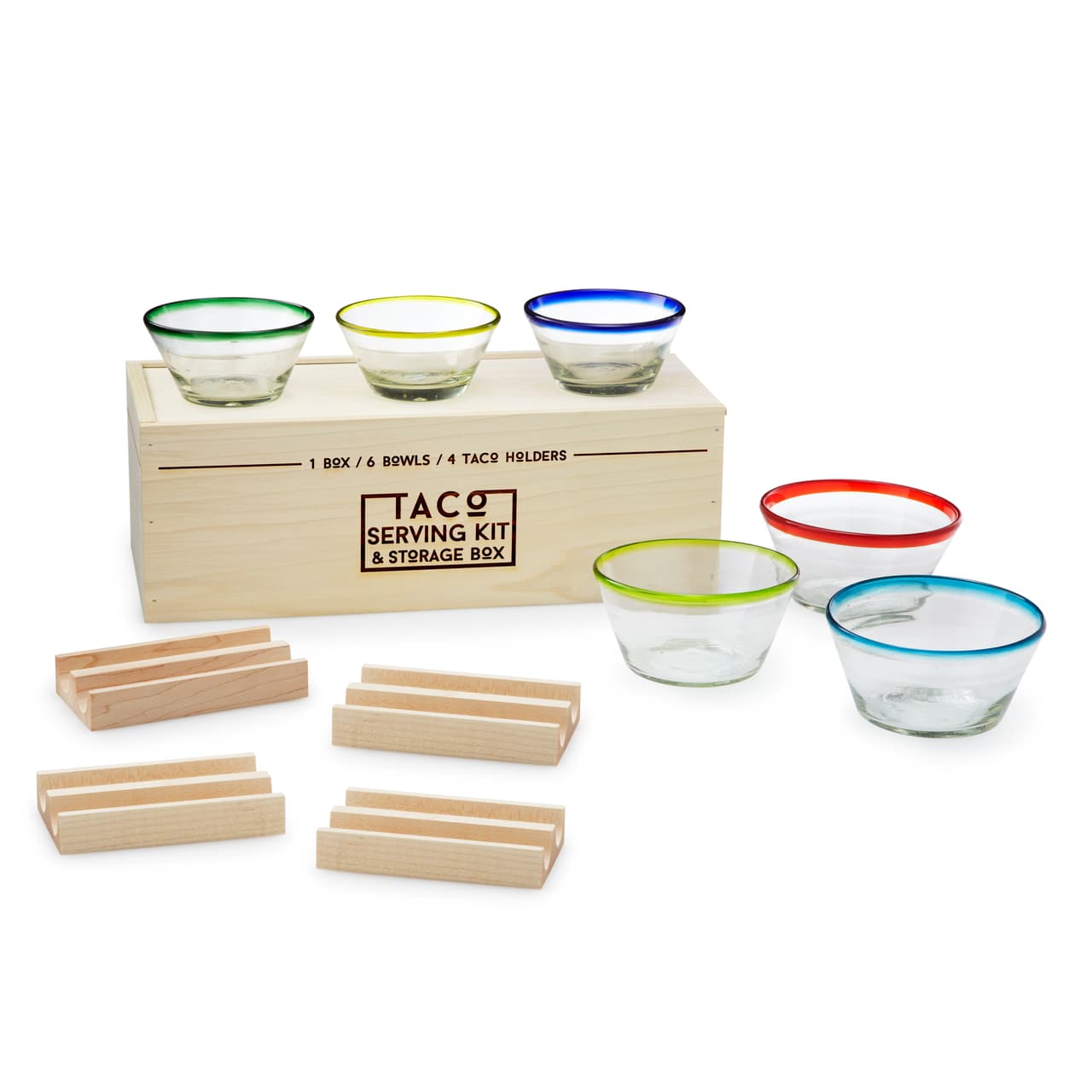 <b>Kit taquero:</b> esta solución todo en uno, contiene seis tazones de cristal soplado a mano con bordes coloridos y cuatro bases para tacos. Sí, los tacos son un tema aparte y merecen ser servidos con estos artefactos. Cada uno tiene una capacidad para sostener dos tacos, lo cuales se acoplan a la tortilla, dura o blanda, lo que permite colocar el relleno sin derramar. La caja está elaborada con madera de abedul y álamo. | De venta en: 
<b><a href="http://www.uncommongoods.com/">Uncommongoods,</a></b> $85 dólares. 
<br>