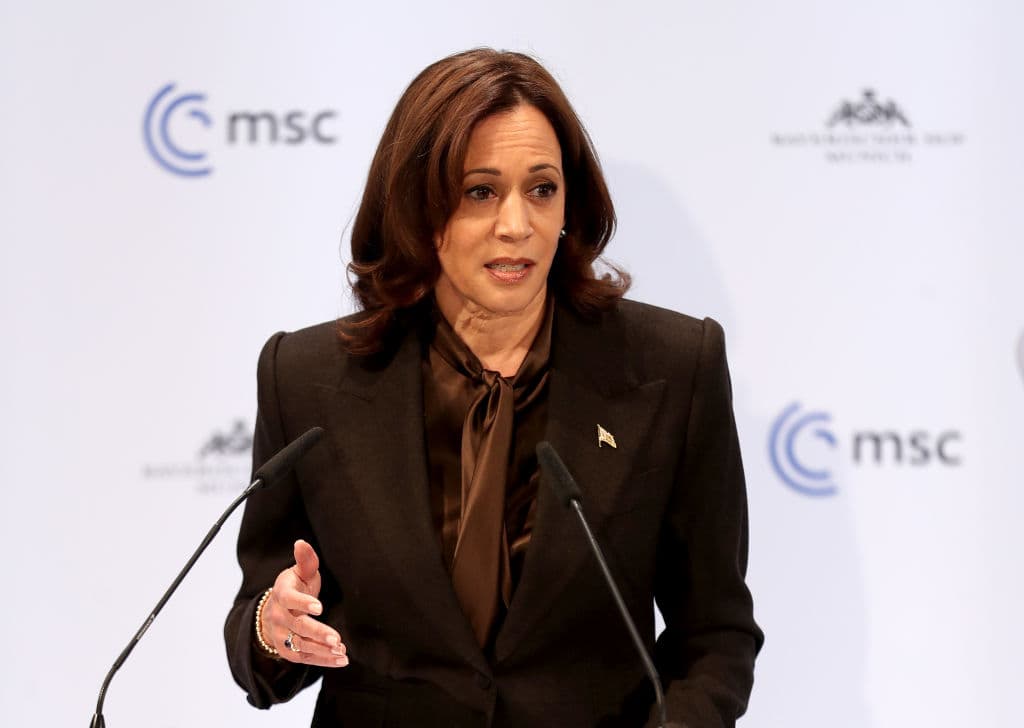 La vicepresidenta estadounidense Kamala Harris durante su intervención en la Conferencia de Seguridad de Múnich este sábado.