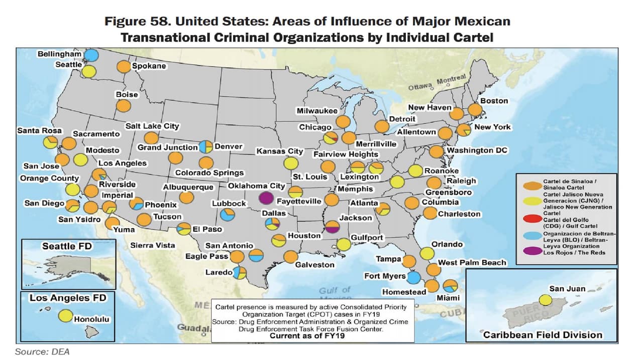 Si observa el mapa revelado por la DEA, los puntos de color naranja son los que más se repiten en todo el país seguidos por los de color amarillo; esto significa que el cartel hegemónico y con mayor presencia es el de Sinaloa seguido del cartel Jalisco nueva generación.
<br>