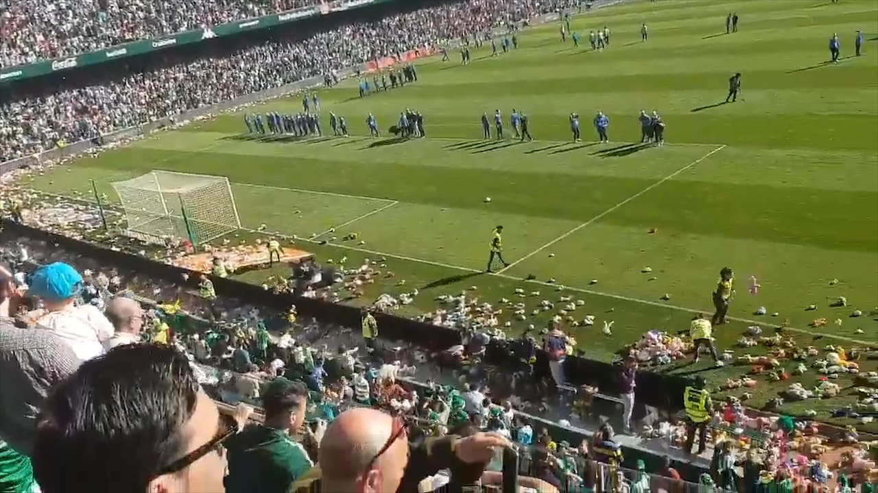 ¡Lluvia de peluches! Aficionados de Betis tapizan el césped del estadio Benito Villamarín