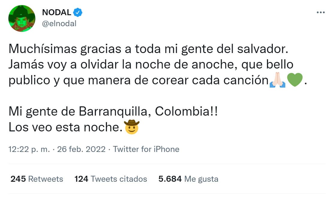Este fin de semana estuvo en El Salvador y en Barranquilla, Colombia: "Qué bello público y qué manera de corear cada canción".
<br>