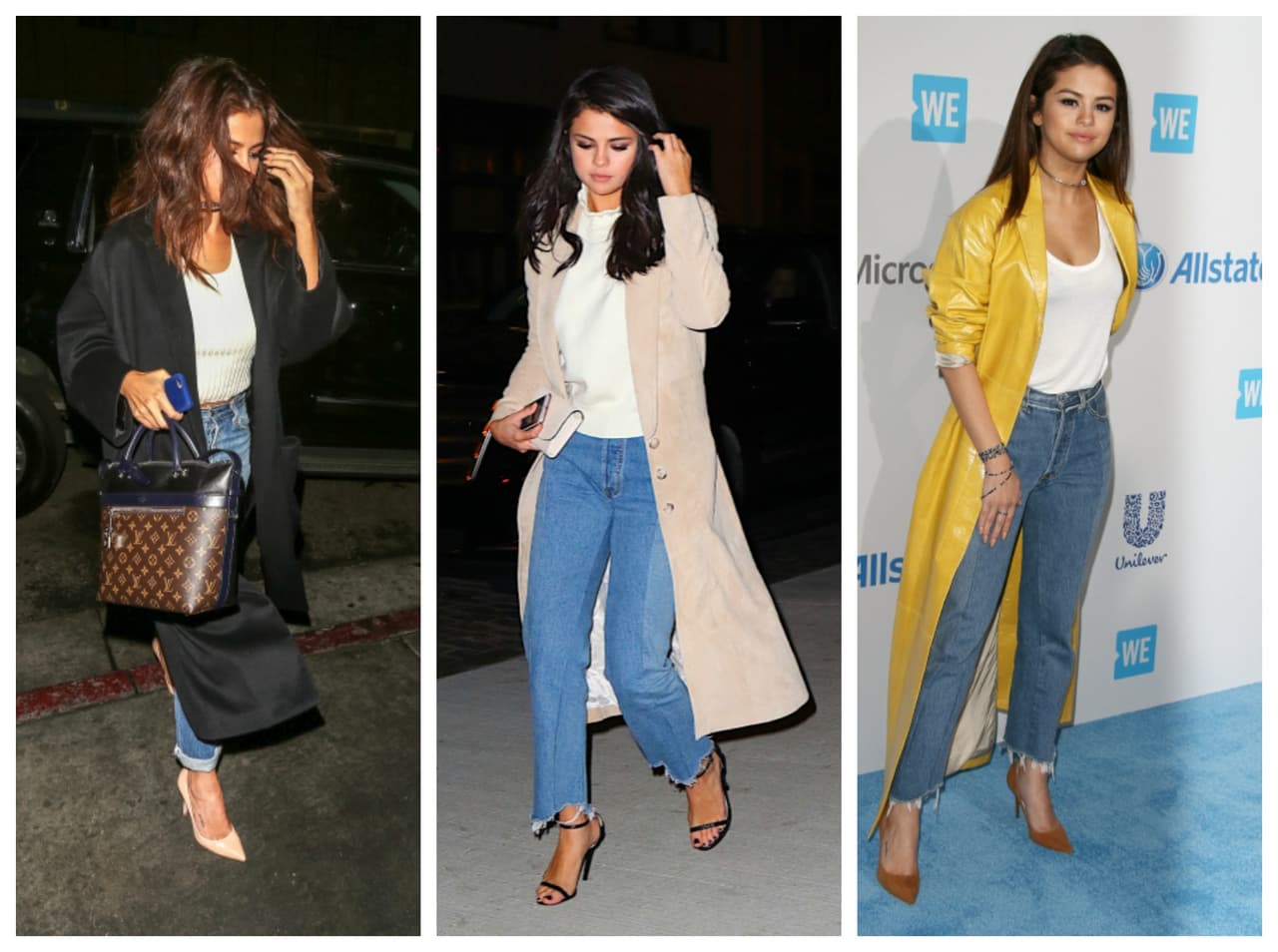 Otro de los estilos recurrentes de Selena, es la combinación de gabardinas, jeans y blusas en tonos claros y de diseño sencillo.