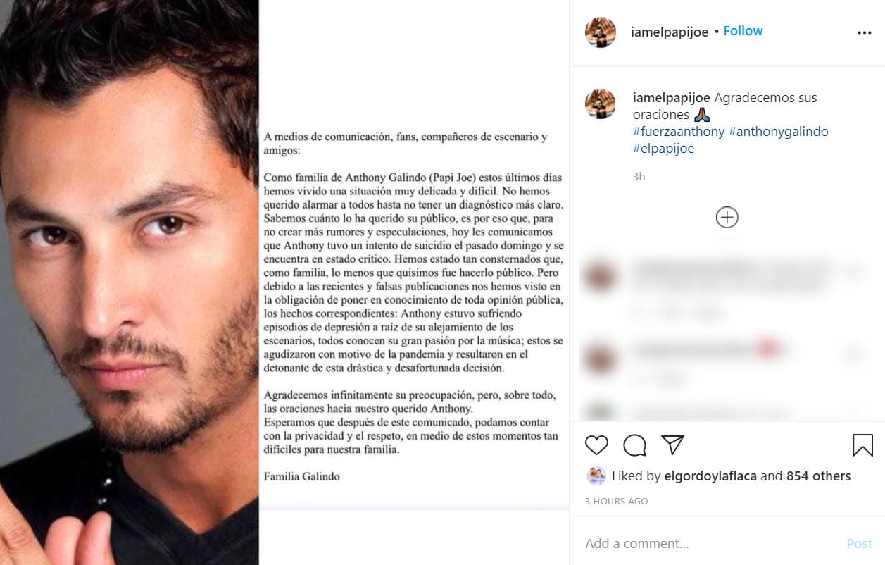 En un
<b>comunicado</b> publicado en el perfil de Instagram del cantante, se dan algunos detalles de lo sucedido para evitar especulaciones.
<br>