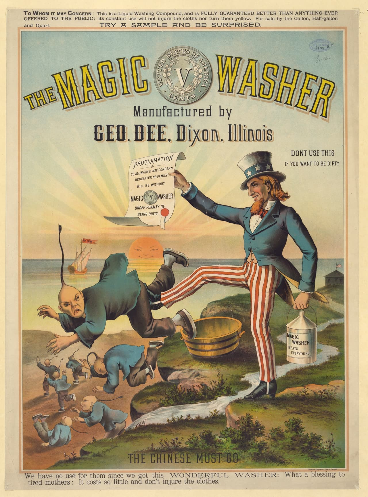 Este anuncio del detergente Magic Washer titulado 'Los chinos deben marcharse' fue publicado en 1886, momento en que Estados Unidos atravesaba un momento de agudo sentimiento antichino que terminó cristalizando en la ley de exclusión china de 1882, que 
<b>restringía la entrada de inmigrantes procedentes de ese país por un periodo de una década</b>. El dibujo muestra al Tío Sam portando un bote del jabón mientras patea a un inmigrante chino.