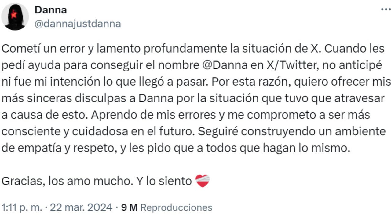 Estas fueron las nuevas disculpas que emitió Danna Paola tras ser acusada de fomentar "odio" contra una usuaria en X.