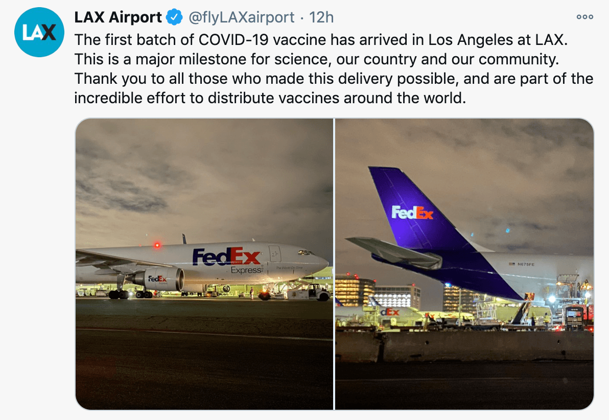 La primera entrega, corresponde a dosis de la vacuna de Pfizer y según el Aeropuerto Internacional de Los Ángeles llegó la noche de este domingo.