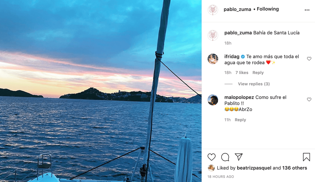 La noche del sábado 1 de julio de 2020, Frida Sofía proclamó en Instagram el amor que le tiene a su papá en esta foto que él publicó desde un bote en la Bahía de Santa Lucía.
<br>