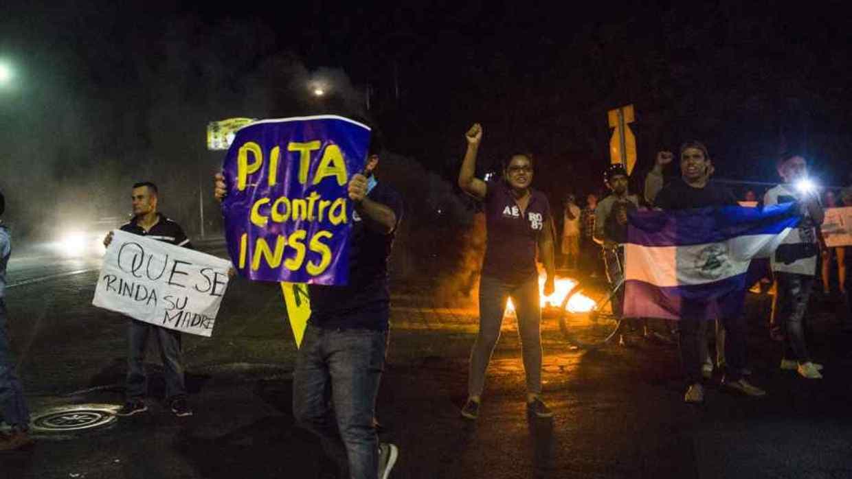 "Hoot against the INSS (National Social Security Institute)'. The protests were sparked by a social security tax reform and quickly spread to the main cities of the country and clashes with police and Sandinista youth left dozens injured.