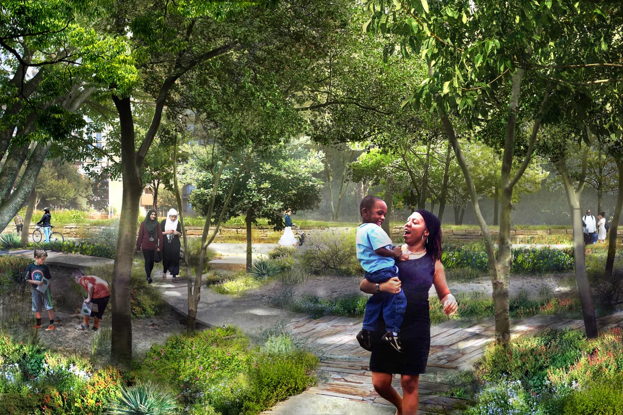 The Confluence, ubicado en el punto más al sur de Waterloo Greenway, se encuentra en el epicentro cultural de Palm Park, el Distrito Histórico de Rainey Street, el centro cultural mexicoamericano Emma S. Barrientos, y el sendero para caminatas y bicicletas Ann and Roy Butler.