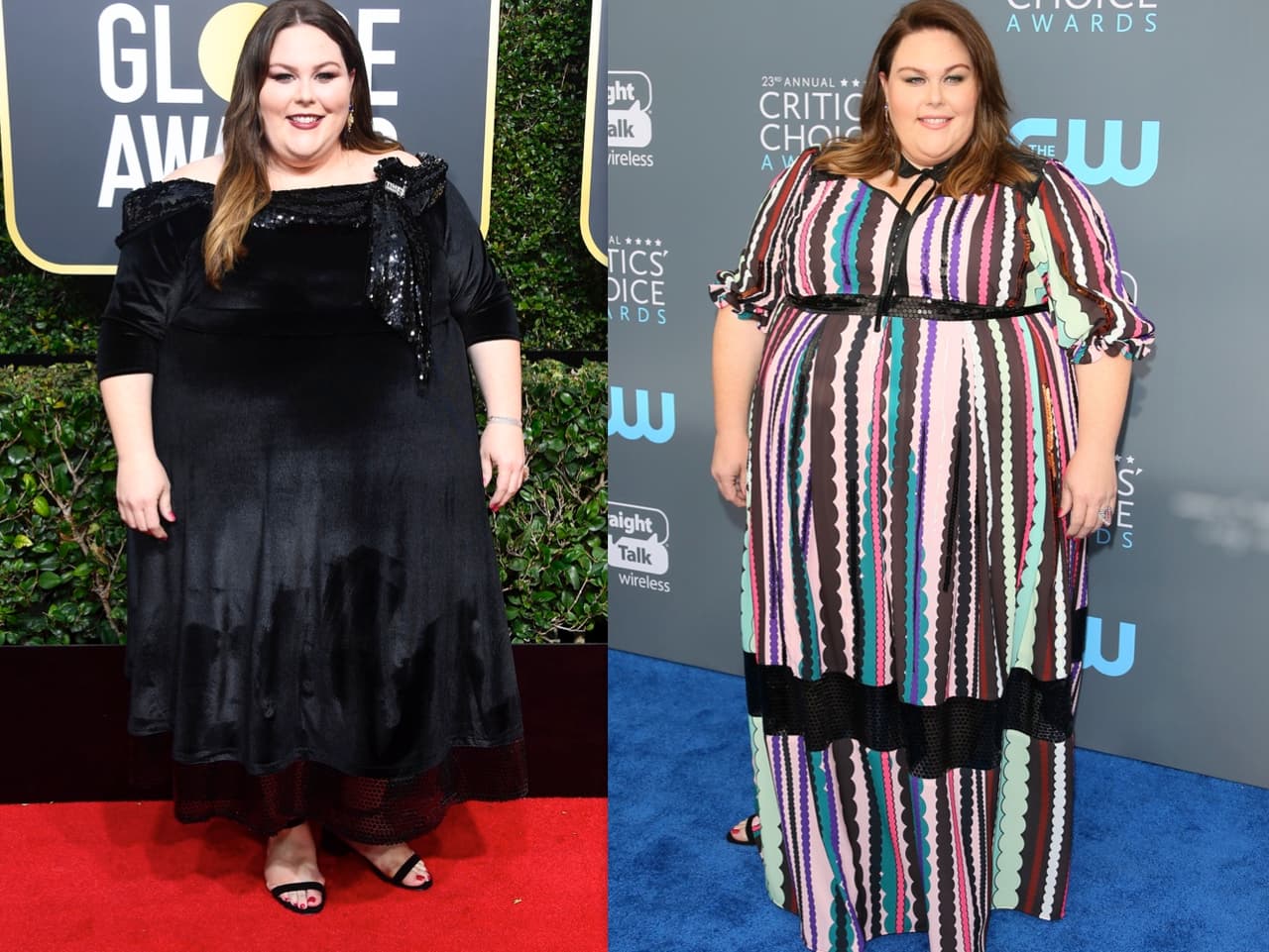 Chrissy Metz, estrella de la serie de televisión 'This is us', optó por un vestido de rayas verticales para los premios Critics' Choice.