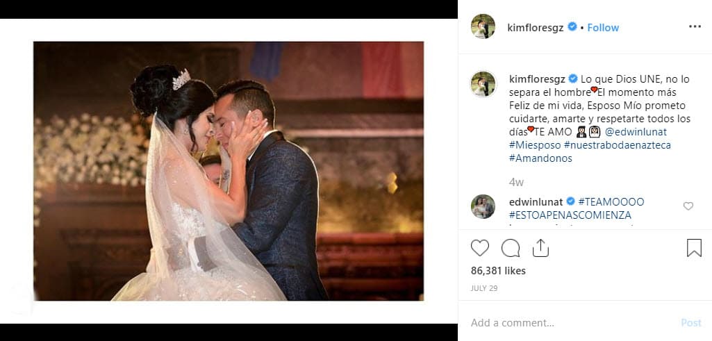 El pasado 27 de julio el cantante Edwin Luna y la modelo Kimberly Flores 
<b><a href="https://www.univision.com/shows/despierta-america/el-grito-de-un-fan-nombrando-a-la-ex-alma-cero-que-no-paso-desapercibido-en-la-boda-de-edwin-luna-video" target="_blank">llegaron al altar</a></b> en la Catedral Metropolitana de Monterrey, México.
<br>