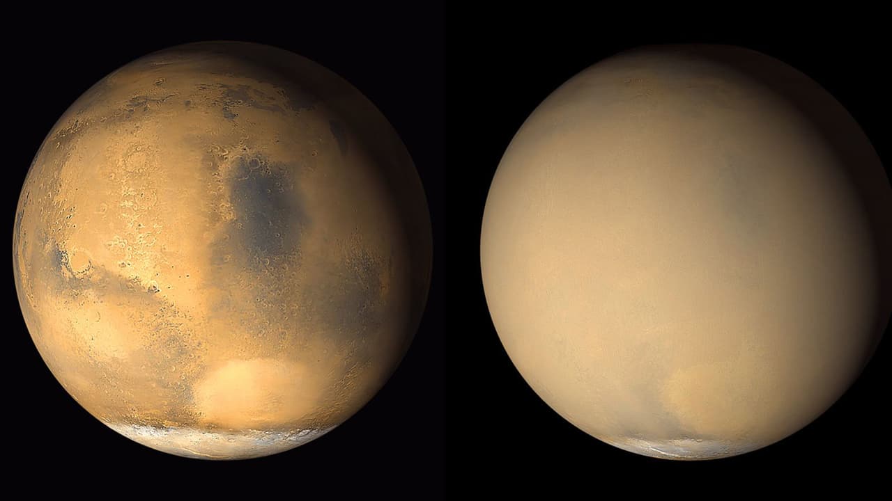 En Marte se generan tormentas de polvo que rodean el planeta completo. Estas imágenes tomadas en 2001 por el orbitador 
<a href="https://mars.nasa.gov/mars-exploration/missions/mars-global-surveyor/"><u>Global Surveyor</u></a> de la NASA muestran el cambio drástico en la apariencia del planeta cuando una nube de polvo se distribuyó globalmente. 
<br>