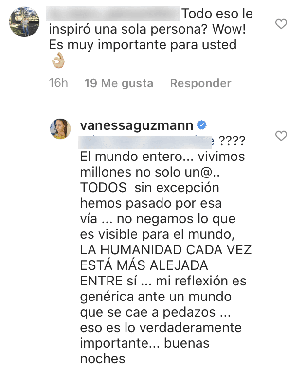 Uno de los usuarios dio a entender que Vanessa había dedicado su publicación a alguien en específico, pero la actriz aseguró que 
<b>su comentario fue para "el mundo entero"</b>.
<br>