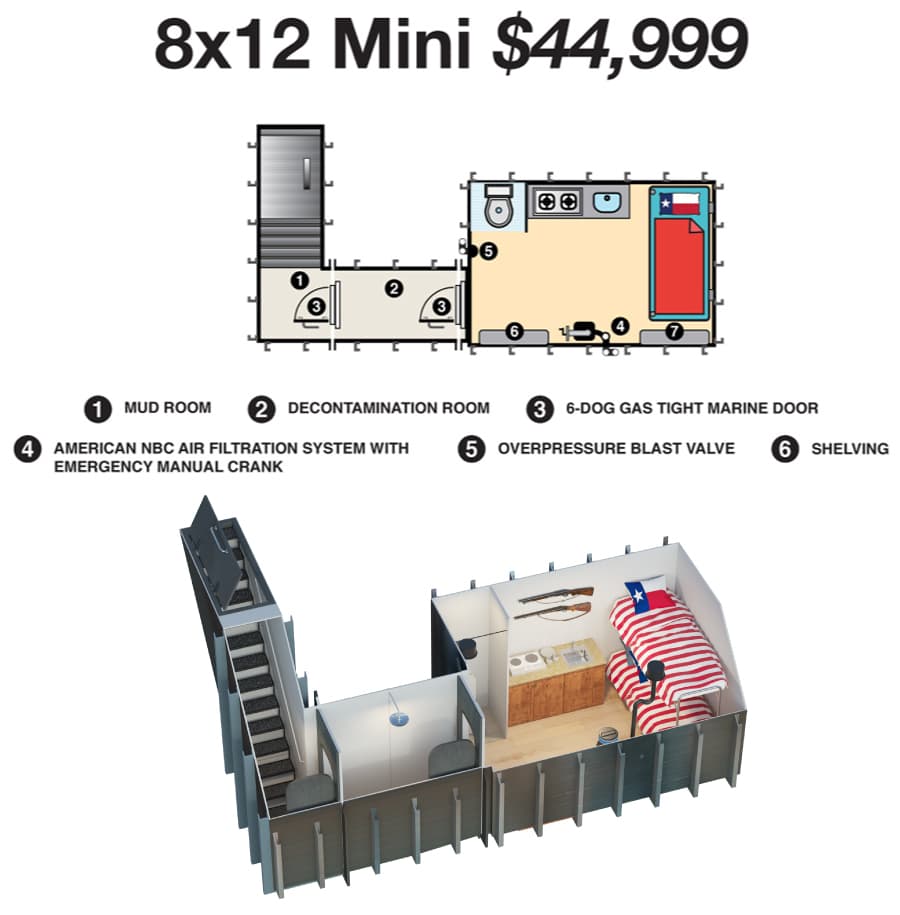 Los diferentes modelos y tamaños de búnkeres van desde los más básicos que empiezan en 10,000 dólares, con espacio para dos personas o depende de las comodidades que ofrezca, este de 8 x 12 también para dos personas, puede llegar a costar casi $45,000.