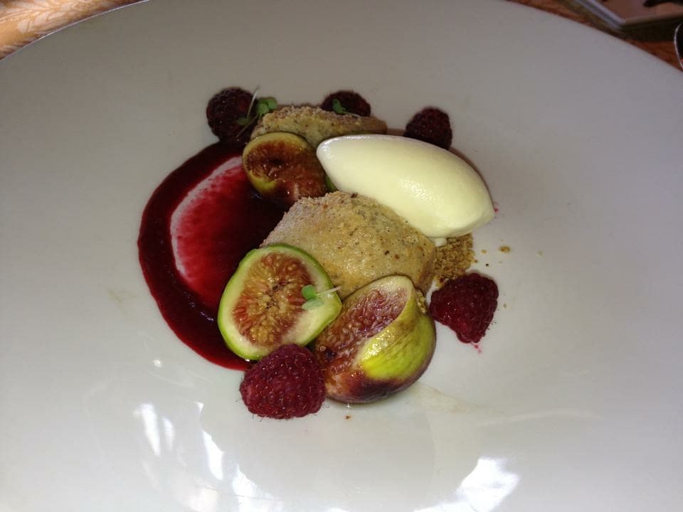 Wild Flower Honey Glazed Figs, Mt. Tam Ice Cream, Hazelnut Brown Butter Cake, Rasberries @ Auberge du Soleil