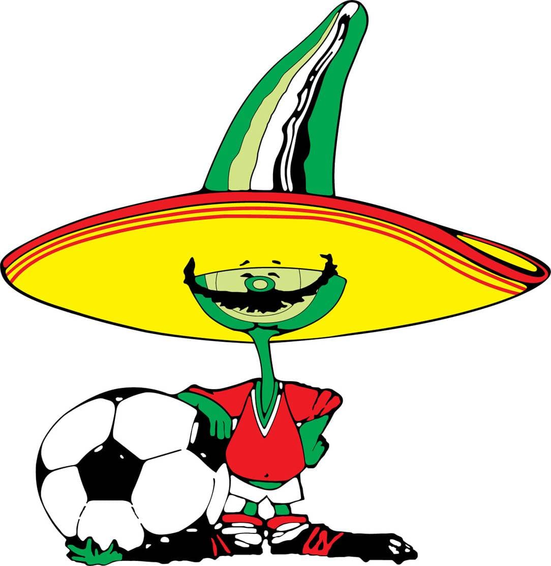 <b>México 1986 - </b>Pique, un chile jalapeño con todo su atuendo tradicional. El sombrero, el bigote y la pelota lo hacen una mascota única.