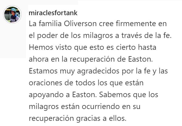 Parte del comunicado en redes sociales por parte de la familia del pequeño Easton Oliverson.