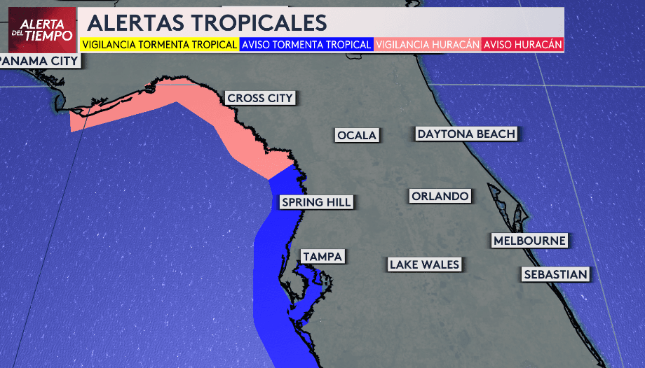 El área de Tampa y Spring Hill tiene un aviso por tormenta tropical, pero hacia el noroeste del estado, hacia Cross City, hay una vigilancia por huracán.
