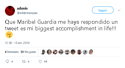 Al ver la respuesta de su "esposa", 
<b>el usuario publicó un nuevo mensaje dedicado </b>a la artista: "Que Maribel Guardia me haya respondido un tweet es mi 'biggest accomplishment in life' (mi mayor logro en la vida)".