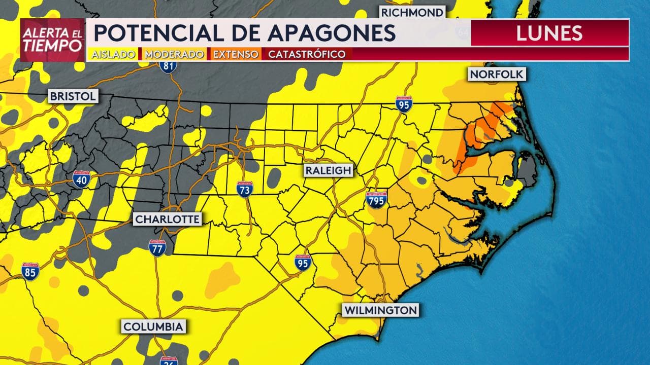 El riesgo de apagones aislados estará presente en la mayor parte del centro y este de Carolina del Norte. Para reportar un corte eléctrico puede enviar un mensaje de texto con la palabra "OUT" al 57801, o llamar al 8004196356.