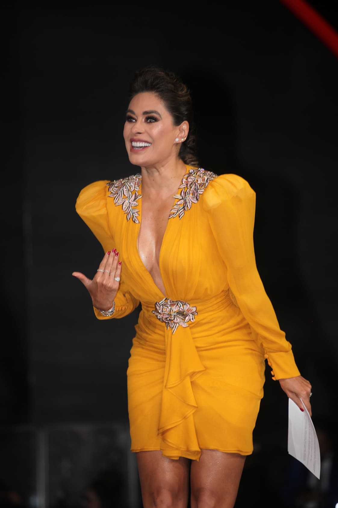 Las hombreras estaban perfectamente equilibradas con la cintura ceñida y, para no opacar el profundo escote, el equipo de Galilea decidió peinarla con una trenza en la que destacaba un enorme volado en la parte delantera, que alargaba su figura.