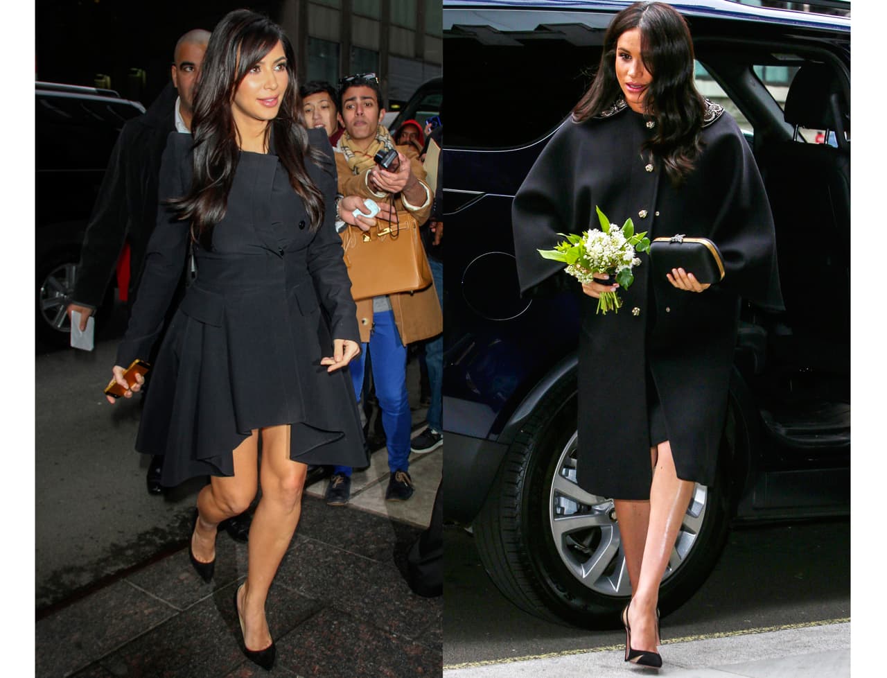 En enero de 2013, durante una visita a Nueva York, llevó esta gabardina con olanes, que acompañó con zapatillas negras y pelo suelto. El año pasado, Markle eligió un abrigo negro over size con botones dorados al frente, lo combinó con tacones y el mismo peinado.