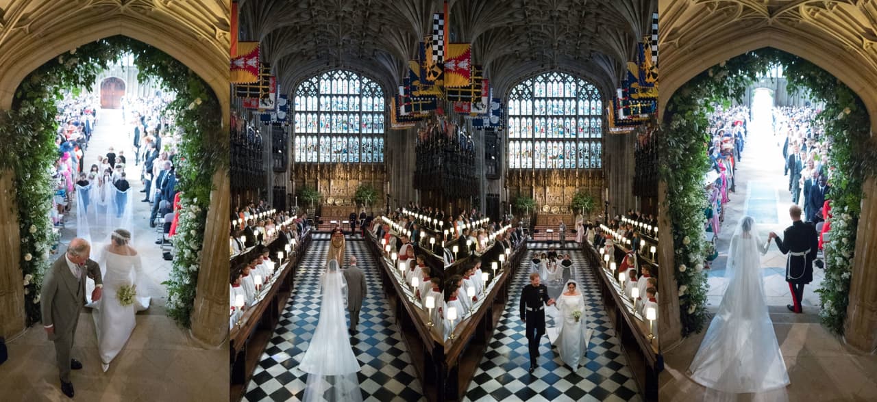 Meghan Markle entró en la capilla de San Jorge, en el castillo de Windsor, acompañada de su (ya) suegro, el príncipe Carlos, y salió de la iglesia de la mano de su esposo, el príncipe Harry.