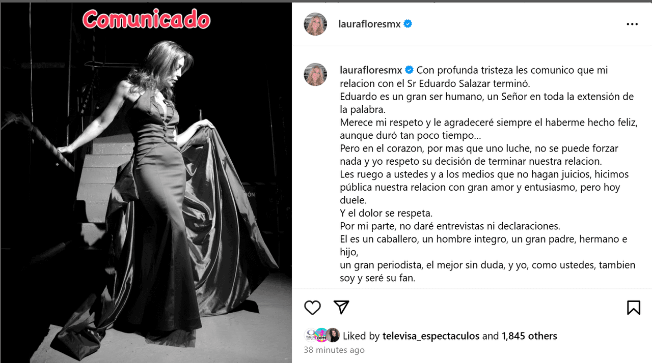 Laura Flores anunció el fin de su relación con Lalo Salazar.