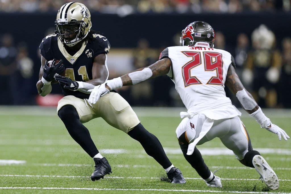 En el último cuarto el corredor de los Saints (11) Alvin Kamara logró una anotación en acarreo de 1 yarda para poner el amrcador 48-32, y luego a 3:31 del final anotó de nuevo para acercarse 48-40.