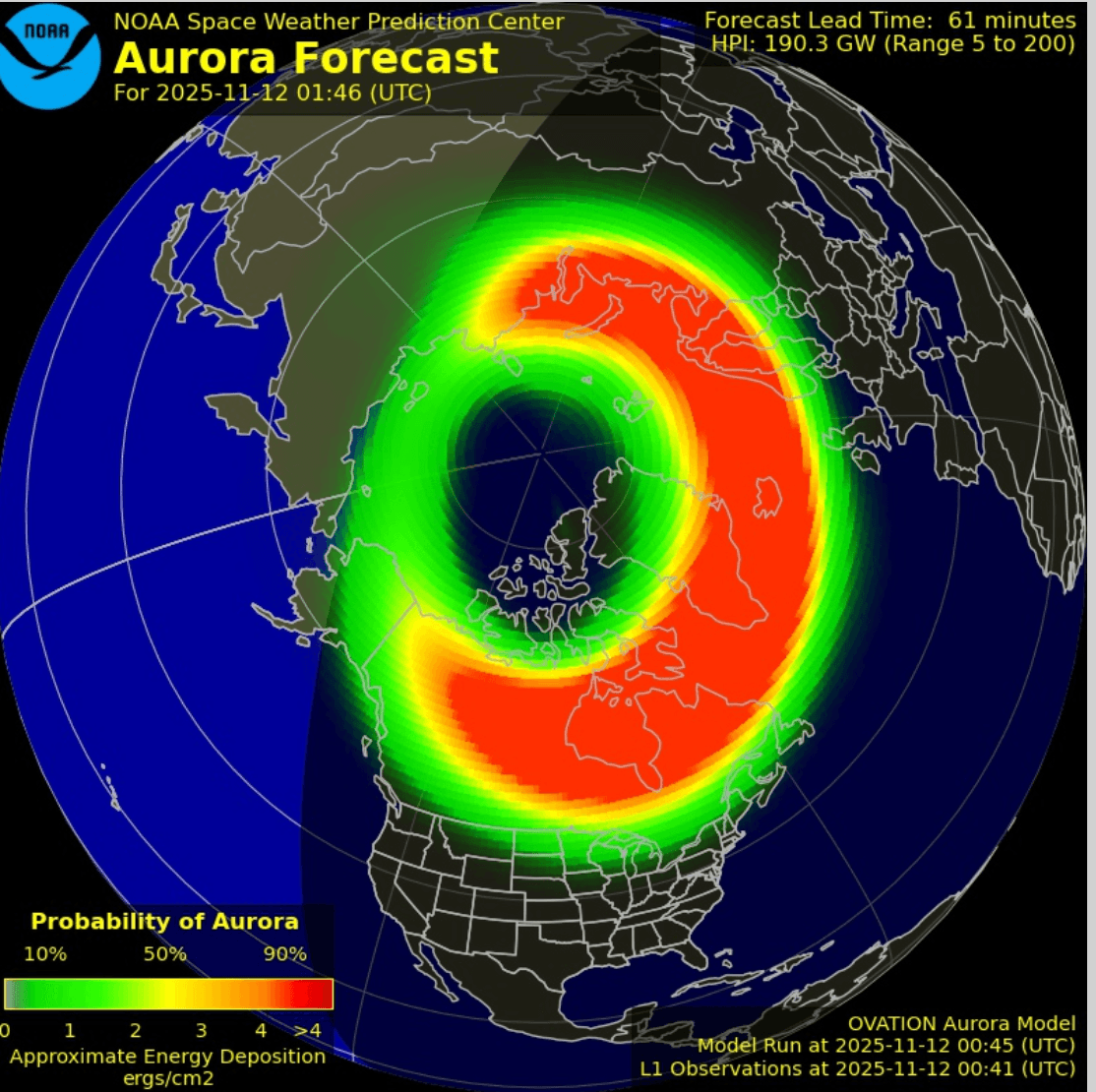 Mapa de NOAA con la predicción de la probabilidad de auroras.