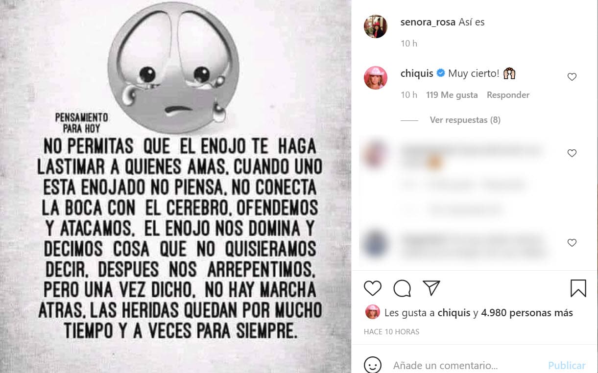 La matriarca publicó esta reflexión en el que menciona que no se debe "permitir que el enojo 
<b><a href="https://www.instagram.com/p/CSns4Snrwn2/" target="_blank">te haga lastimar a quienes más amas</a></b>". 
<br>