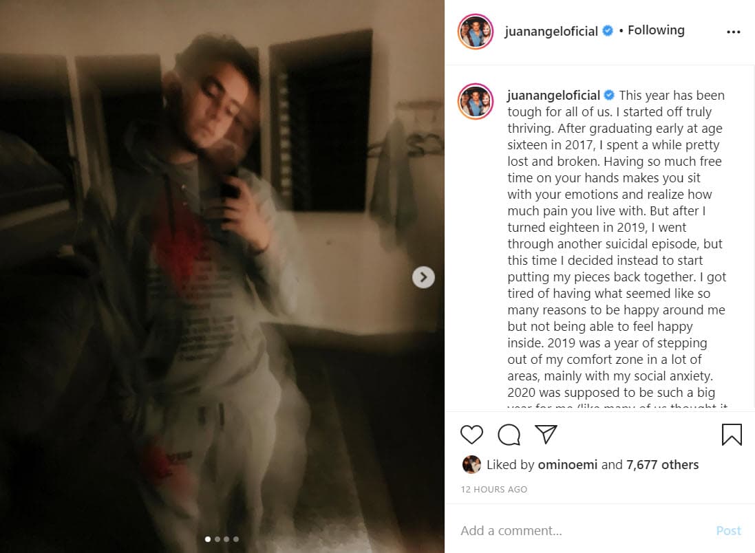 El jovencito, de 19 años, recordó cuando pensó en
<b> quitarse la vida</b>: "Después de que cumplí 18 en 2019, pasé por otro 
<b>episodio suicida,</b> pero esta vez decidí comenzar a juntar mis piezas. Me cansé de tener lo que parecían tantas razones para ser feliz a mi alrededor, pero no poder sentirme feliz por dentro". 
<br>