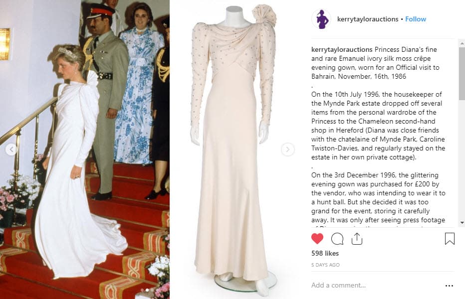 En su cuenta de Instagram contó la peculiar anécdota del vestido: "El 10 de julio de 1996, el ama de llaves de la finca de Mynde Park llevó varios artículos del guardarropa personal de la princesa a la tienda de segunda mano Chameleon en Hereford, (Diana era muy amiga del ama de llaves de Mynde Park, Caroline Twiston-Davies)". ⠀
<br>