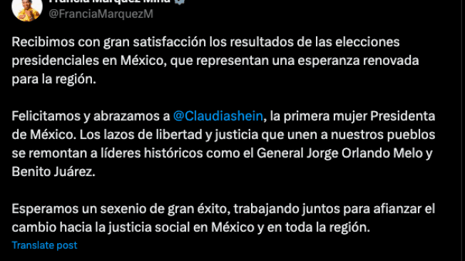 Mensaje de la vicepresidente colombiana Francia Márquez.