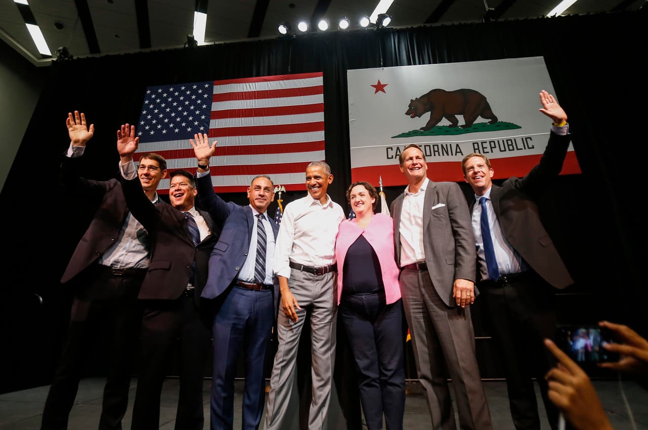 En Anaheim, California, Barack Obama hizo campaña por Josh Harder, TJ Cox, Gil Cisneros, Katie Porter, Harley Rouda y Mike Levin, candidatos a la Cámara de Representantes. 8 de septiembre de 2018.