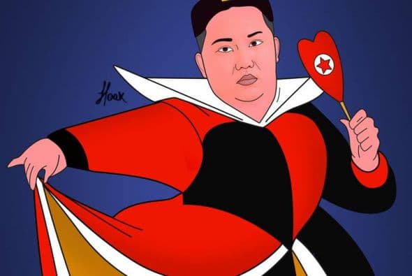 El líder norcoreano Kim Jong-un convertido en la reina de corazones de Alicia en el país de las maravillas. Cortesía de Saint Hoax.