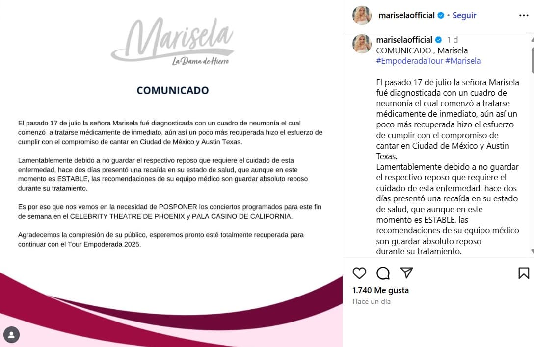 Marisela recayó por la neumonía que le fue diagnosticada.