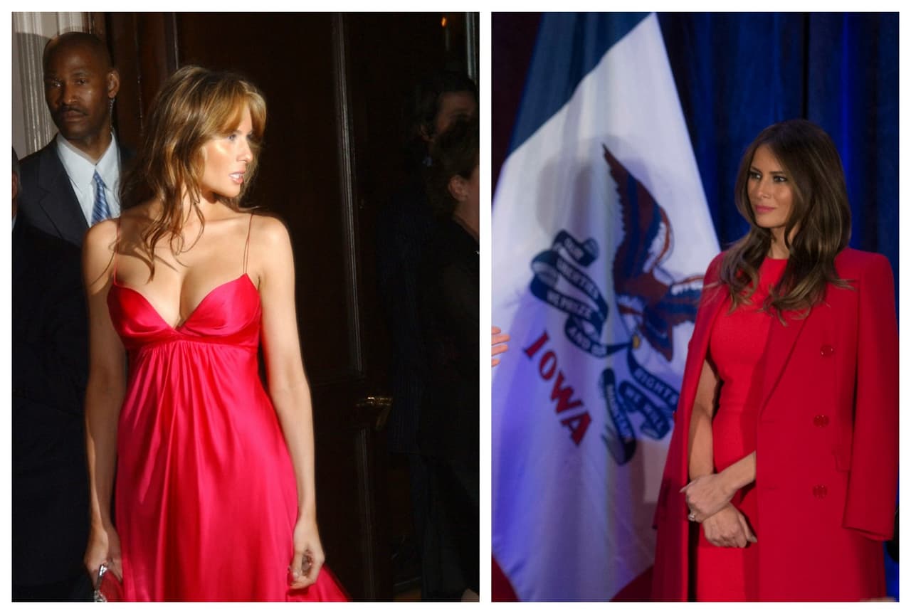 La transición de un estilo sexy y descotado a uno más formal la hizo Melania Trump de la mano de incluir en su armario trajes de vestido de cuello redondo, de telas sobrias y de blazers que dejó colgar sobre sus hombros como lo muestra este traje rojo que usó en Iowa para los discurso que dio su marido, para entonces candidato.