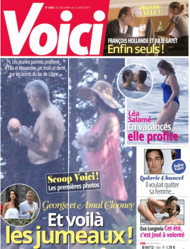 Sin embargo la revista Francesa Voici publicó las primeras imágenes de los mellizos del actor y Amal, a un mes de nacidos, lo que molestó mucho al actor: "Estén seguros de que los fotógrafos, la agencia de fotos y la revista serán llevados con todo rigor ante la ley. La seguridad de nuestros hijos así lo exige", aseguró el también director.