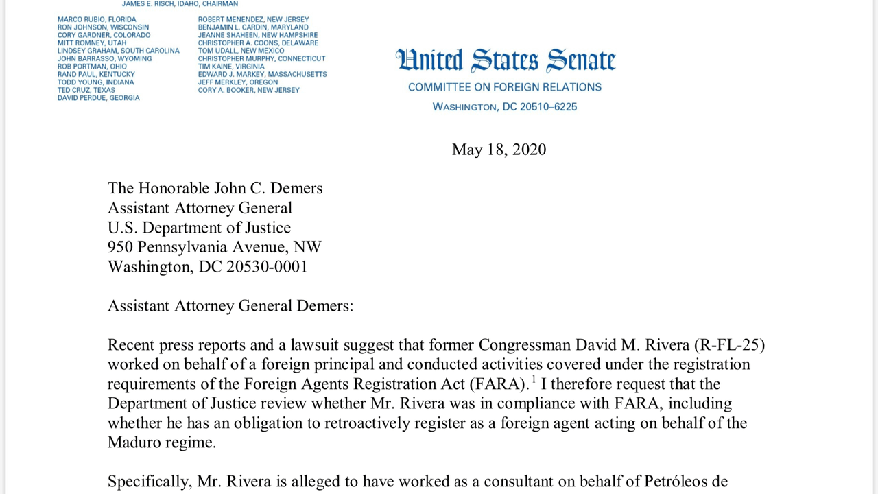The letter sent by Senator Bob Menendez to the Department of Justice.