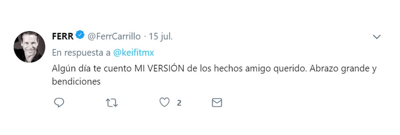 Al enterarse de las declaraciones de Laura gracias a sus seguidores en redes sociales, Fernando Carrillo aseguró en Twitter que algún día daría su versión.