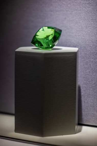 El León de Merelani de 117 quilates, la piedra preciosa más grande de su tipo tallada en los EE. UU., se extrajo originalmente en Merelani, Tanzania. La piedra preciosa es un préstamo de la Institución Smithsonian.