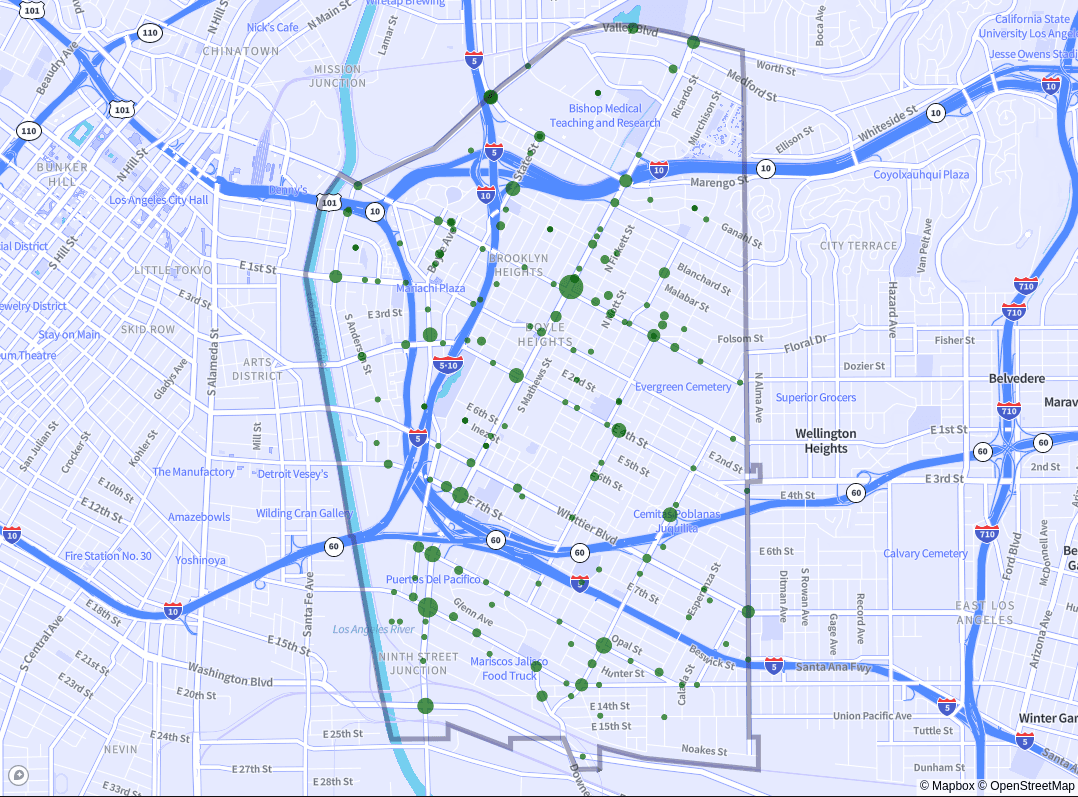 Mapa de las intercepciones más peligrosas de Boyle Heights en Los Ángeles.