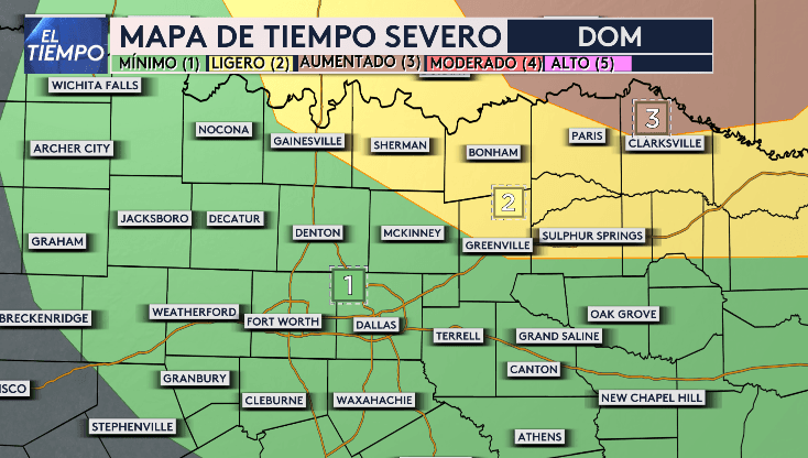 En el mapa de tiempo severo, existe la posibilidad de riesgo ligero para algunas zonas al noreste del Metroplex.