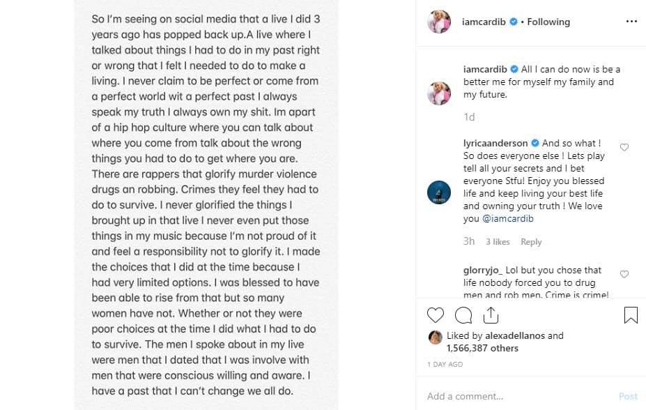 "Estoy viendo en redes sociales que esa transmisión en vivo que hice hace tres años ha resurgido. Un video en donde hablé de cosas que tuve que hacer en mi pasado, buenas o malas, que sentí eran necesarias para ganarme la vida".