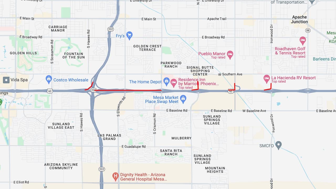 <b>US 60 oeste</b>
<br>La US 60 en dirección oeste cerrará entre Crismon Road y Loop 202, desde las 9 p.m. del viernes 23, hasta las 5 a.m. del lunes 26 de febrero.
<br>
<br>Las rampas de acceso a la US 60 en dirección oeste en Ironwood Drive y las carreteras Signal Butte y Meridian también estarán cerradas
<br>
<br>
<b>Rutas alternas</b>
<br>Considere salir antes del cierre o usar Baseline Road o Southern Avenue en dirección oeste, para viajar más allá del cierre.