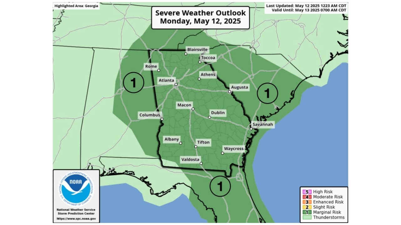 Mapa del riesgo de tormentas en Georgia este lunes 12 de mayo.