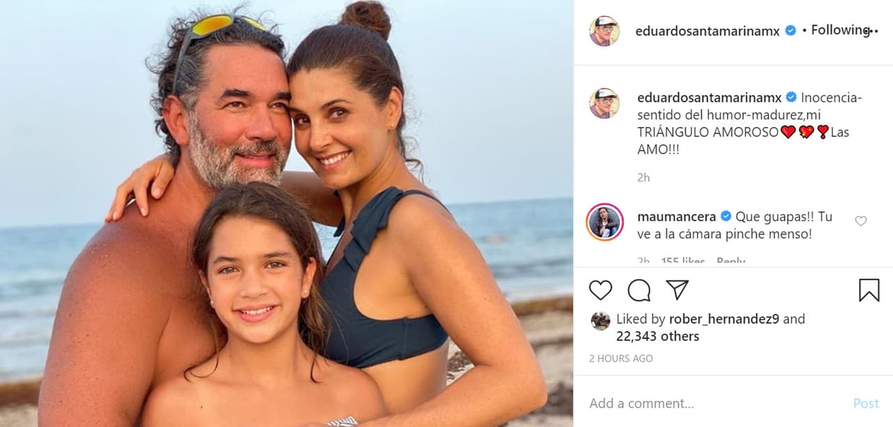 "Mi triángulo amoroso. ¡Las amo!", completó junto
<b><a href="https://www.instagram.com/p/CB_GKOrHpYg/" target="_blank"> con esta</a></b> foto al lado de
<b><a href="https://www.univision.com/famosos/julia-la-hija-menor-de-mayrin-villanueva-y-eduardo-santamarina-sorprende-por-lo-grande-que-luce-fotos" target="_blank">Mayrín Villanueva y Julia</a></b>, la hija que tienen en común.
<br>